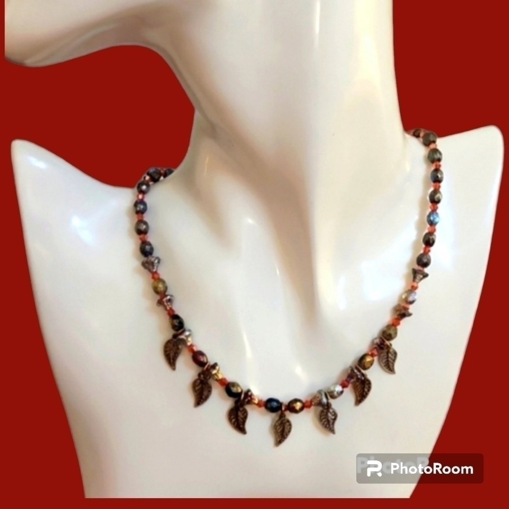 Handmade Etched Czech Glass Red Swarovski Crystal Beaded Leaf Holiday Necklace